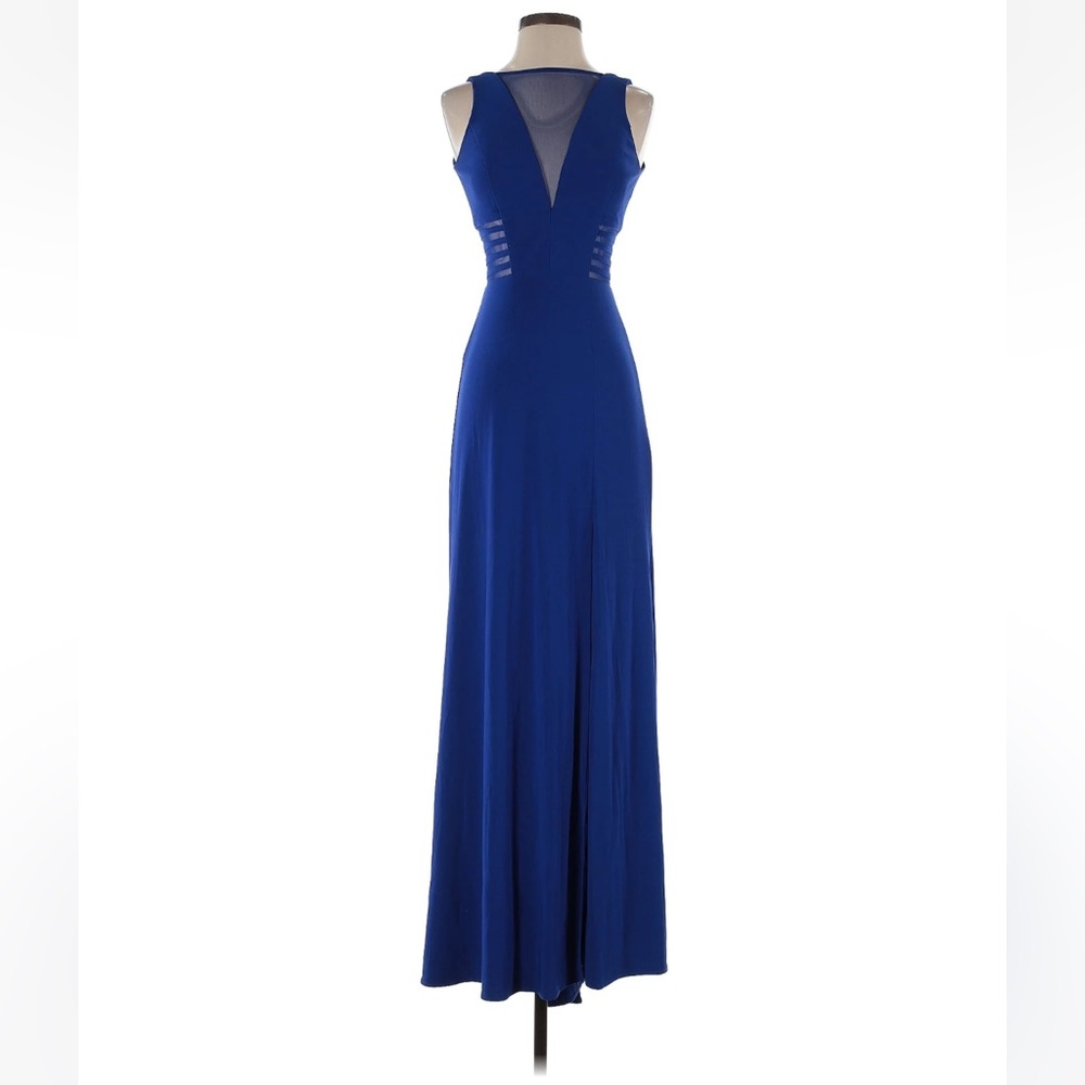 Royal Blue V-Neck Sleeveless Dress with Mesh Detail on Chest - Bottom Slit
